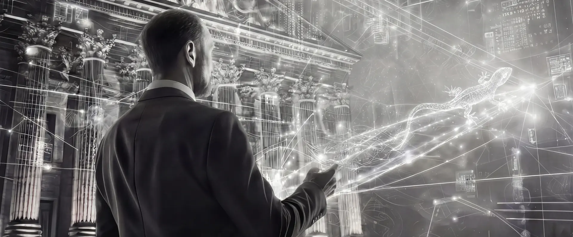 Ein Bankier in einem digitalen Raum, schwarz-weiss